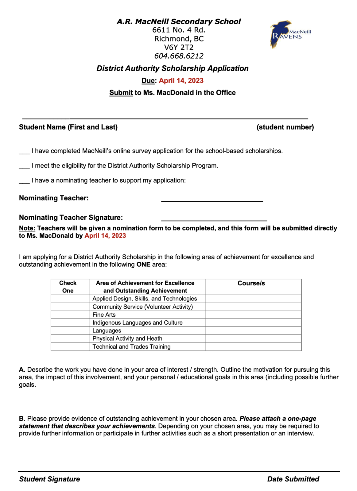 Grade 12 MacNeill Scholarship Application | A.R. MacNeill Secondary School